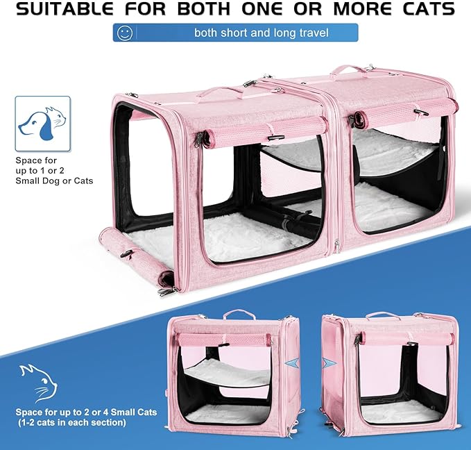 Large Cat Carrier for 2 Cats with Zipper Locks, Double Cat Carrier with Travel Litter Box, Soft Pet Travel Carrier for Cats and Small Dogs Up to 45 Lbs, Pink