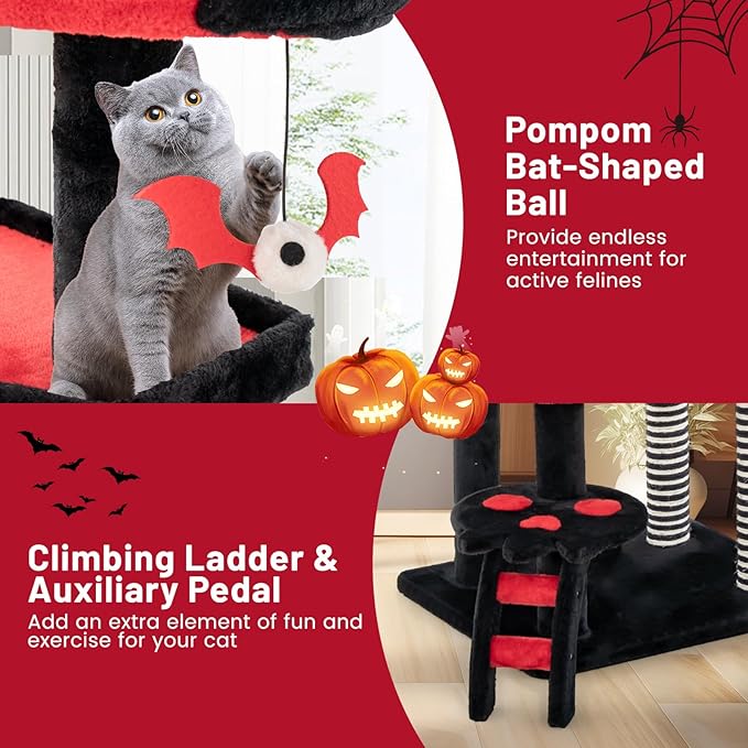 PETSITE Gothic Cat Tree - 52 Inch Tower with Sisal Scratching Post, Coffin Bed, Cat Condo, Ladder and Bat-Shaped Ball, 6-Tier Goth Cat Tree for Indoor Cats