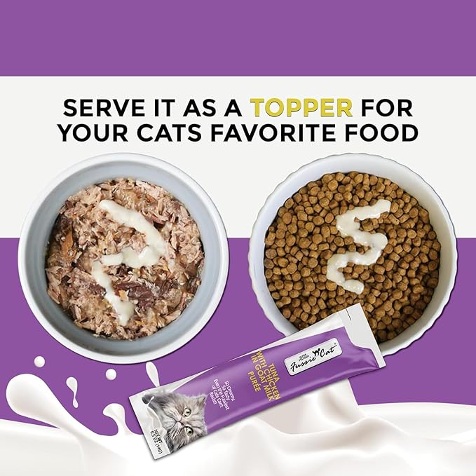 Fussie Cat Super Premium Cat Treats in Goat Milk Puree, lickable cat Treats,6 Packs of 4-0.5oz Tubes, Variety Flavor Pack of 6 Flavors + Freeding Spoon