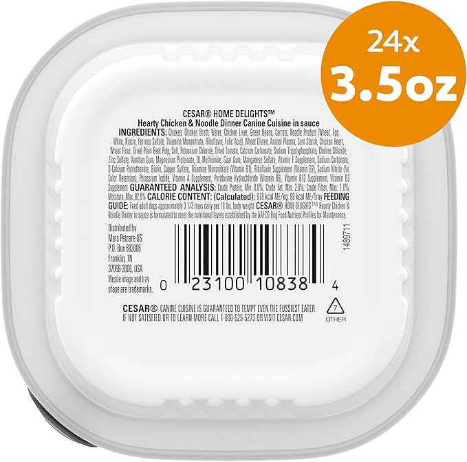Cesar Home Delights Adult Wet Dog Food Hearty Chicken & Noodle Dinner in Sauce, 3.5 oz. Easy Peel Dog Food Tray, 24 Count (Pack of 1)