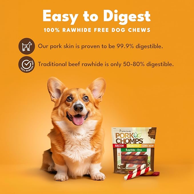 Pork Chomps Baked Pork Skin Dog Chews, 6 Inch Twists, 12 Count - Assorted Flavors - Long-Lasting Treats for Dogs - High Protein, Rawhide-Free, Low Fat, Healthy & Delicious Chews