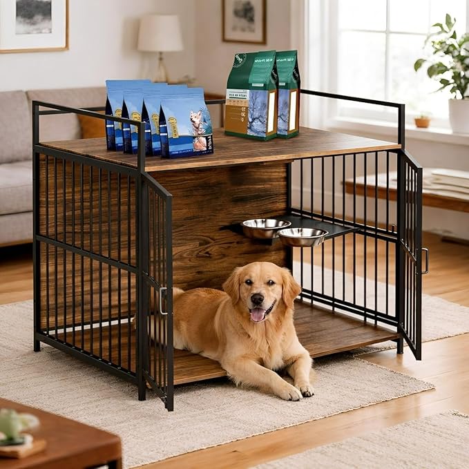 41 Inch Dog Crate Furniture for Large Dogs, Wooden Indoor Dog Cage with Double Doors, Built-in 360° Swivel Bowls, Comfortable Flat Floor, Rustic Style End Table Kennel
