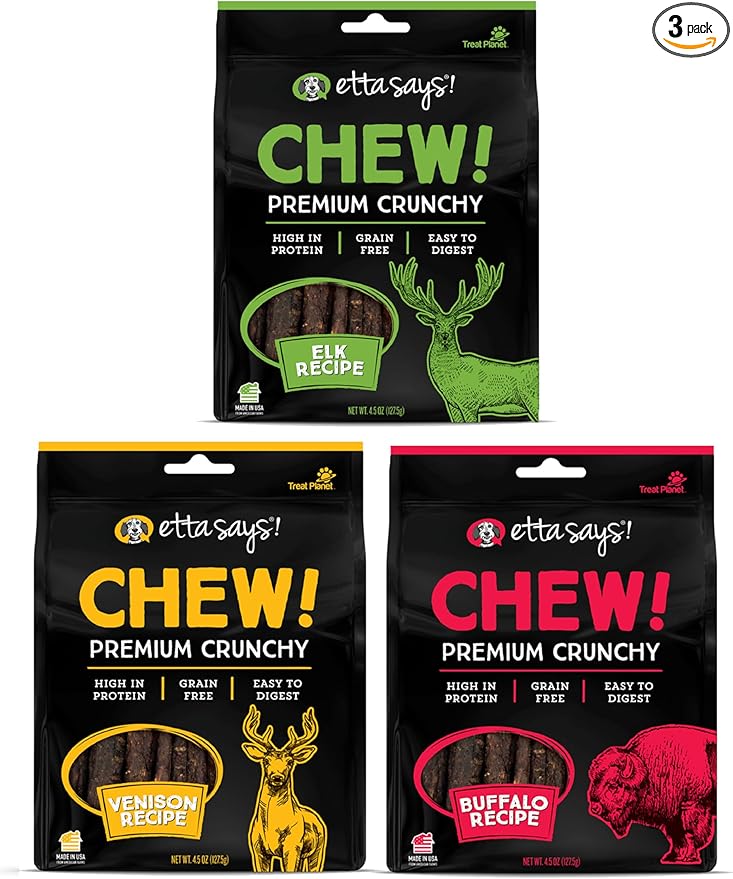 etta says! Premium Crunchy Dog Chews Variety Pack – All Natural Dog Treats Made in USA – Elk, Venison & Buffalo – Protein-Rich Chews for Teeth, Digestive Support & Training – 3 Pack