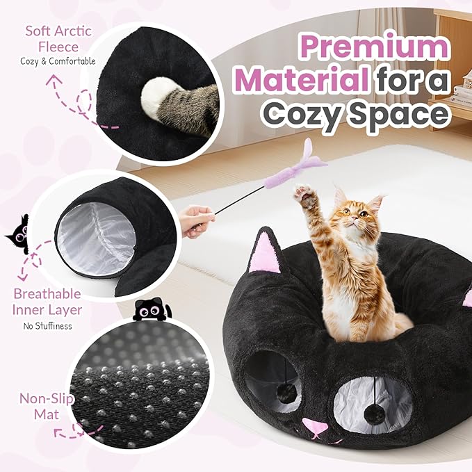 Baseola Cat Tunnel Bed for Indoor Cats, Peekaboo Cat Cave with Washable Soft Play Mat, Furry Cat Tube, for Kitten/Puppy/Rabbit, Kitten Series Black Pink