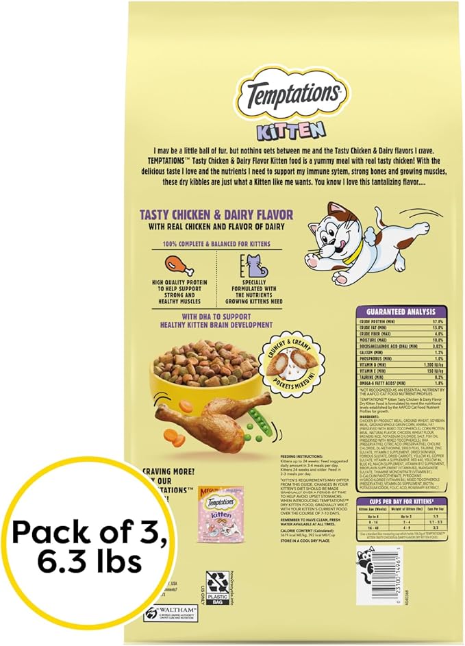 Temptations Kitten Cat Food Dry, Chicken & Dairy Kitten Food, 6.3 lb. Bag (Pack of 3)
