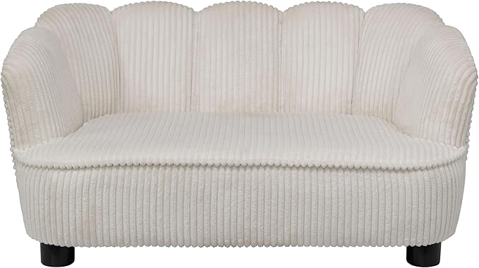 Paws & Purrs Retro Scalloped Back Sofa Style Pet Bed, Dog & Cat Couch with Tufted Cushion & Armrest, Stylish Indoor Pet Furniture, Cream
