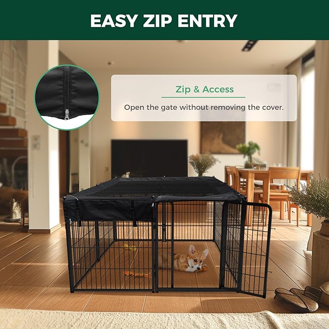 FXW Homeplus Indoor Dog Playpen with Square Mesh Top Cover for Escape Prevention, 32 Inch 8 Panel Heavy Duty Pen for Small and Medium Dogs, Black│Patented