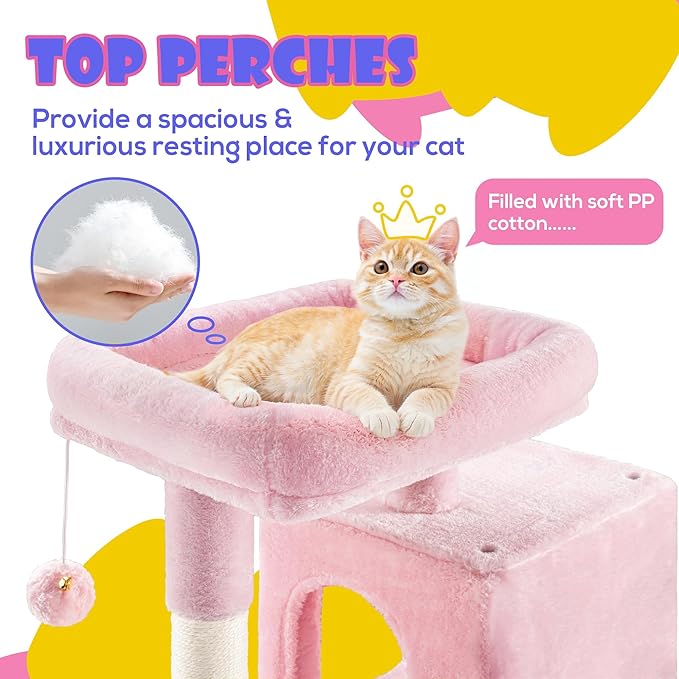 SHA CERLIN 29in Cat Tree for Indoor Cats, Multi-Level Cat Tower with Large Perch, Cozy Condo, Playful Toy Balls, Sisal Scratching Posts, Stable Pet Furniture Activity Center, Space-Saving, Pink