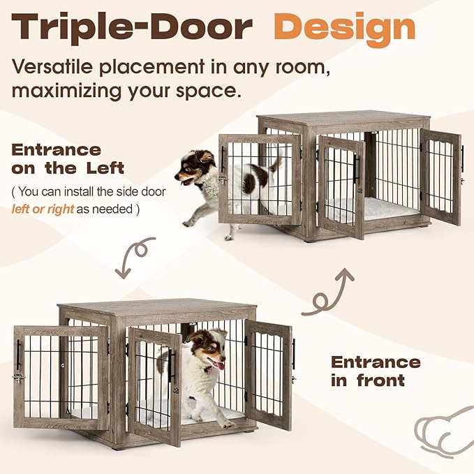 Dog Crate Furniture with Cushion,Dwell Living 32 inch Wooden Kennel Table with Double Doors, Indoor Dog House End Table for Small/Medium Dog, Grey (32x23x26in)