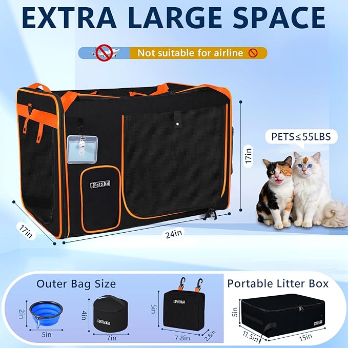 Petskd Extra Large Cat Carrier with Litter Box for Car Travel,24"x17"x17"Portable Soft-Sided Pet Carrier with Zipper Locks for Large Mudium Cats or 2 Small Cats Under 55LBS(Black)