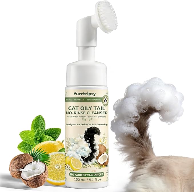 Cat Oily Tail Cleanser-Gentle 2-in-1 Wash Brush-Reduces Oil& Grease-PH Balanced No-Rinse Mousse-Witch Hazel and Sophora Extracts 5.1 fl oz