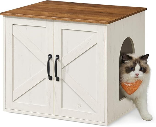 Feandrea Cat Litter Box Enclosure, Hidden Litter Box Furniture, Indoor Pet House End Table, 23.6 x 19.7 x 19.7 Inches, Rustic White and Honey Brown UPCL042W201