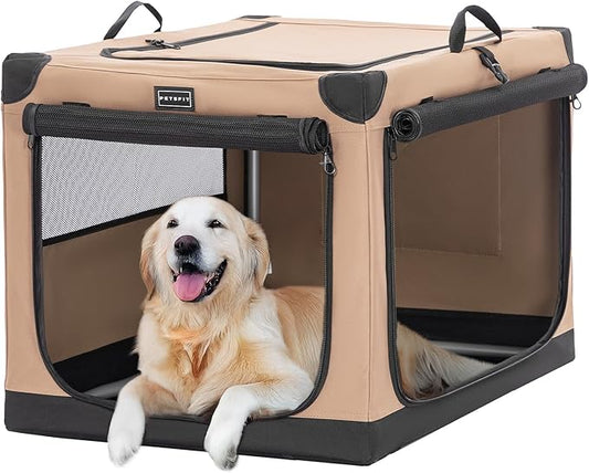 PETSFIT 40" Soft Portable Dog Crate – Patented Spiral Sturdy Frame, Collapsible Travel Kennel for Large Dogs, 3 Mesh Door, Lockable Zippers, Indoor & Car Use Khaki