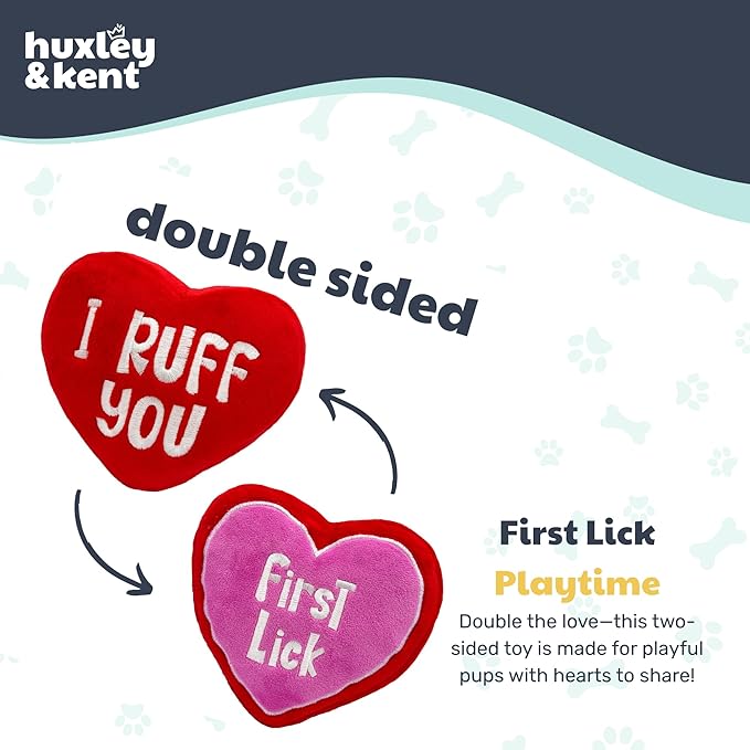 Huxley & Kent Funny Dog Toy w/Squeaker – Valentine's Day Power Plush Squeaky Dog Toys for Small, Medium & Large Dogs – Soft Stuffed Animal for Indoor Play & Fetch - First Lick Heart, Large