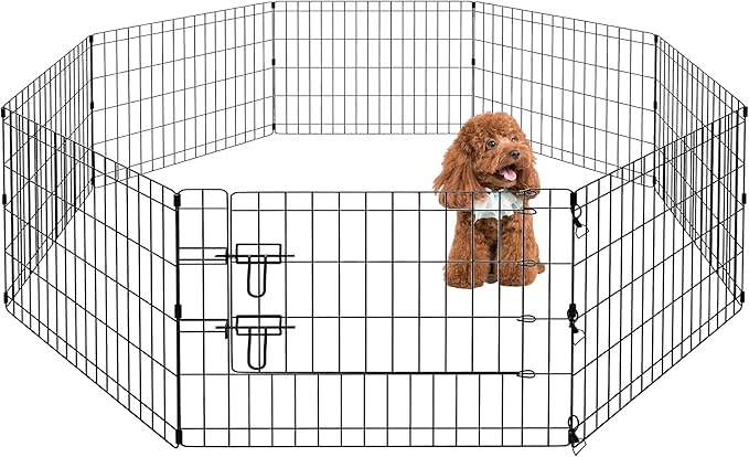 PAWZ Road Dog Playpen Foldable Metal Dog Fence with Door,Outdoor for Yard and Indoor Use Portable Design for RV and Camping- 8 Panels (24" Wide Each), 24 inch Height for Small Dogs Puppy Large Dogs