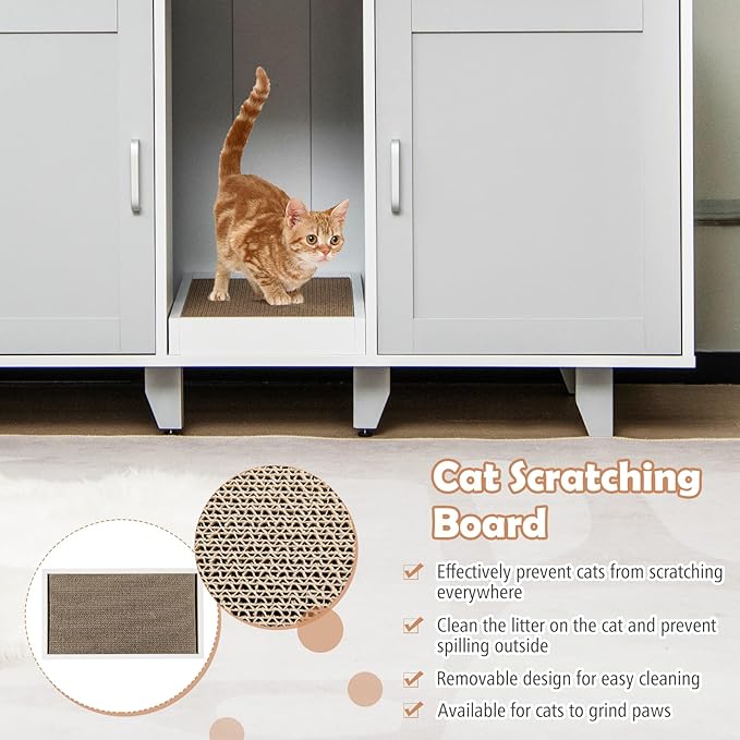 PETSITE Litter Box Enclosure for 2 Litter Boxes, Hidden Cat Washroom TV Stand End Table with 2 Cabinet, Scratching Board, Indoor Cat Litter Furniture Grey