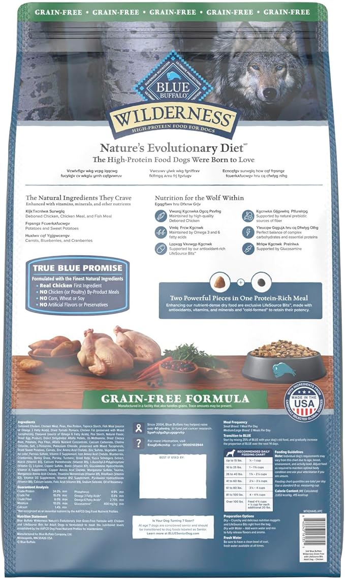 Blue Buffalo Wilderness High Protein Grain Free Dry Food for Adult Dogs, 34% Protein, with Chicken, 34 lb. Bag