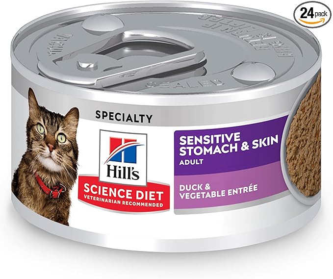 Hill's Science Diet Adult Sensitive Stomach & Skin Wet Cat Food, Duck & Vegetable, 2.9 oz. Cans, 24-Pack