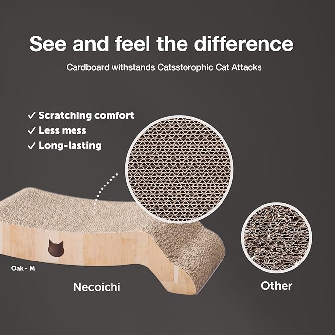 Necoichi Cardboard Cat Scratcher Couch for Indoor Cats - Cat Scratching Board, Horizontal Cat Scratch Pad Lounger with Reversible Usability and Extra Comfort for Lounge, Curved (17" Regular, Oak)