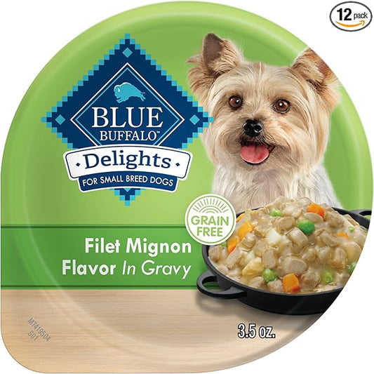 Blue Buffalo Delights Small Breed Natural Wet Dog Food, Filet Mignon Flavor in Gravy, 3.5-oz Cups, 12 Count
