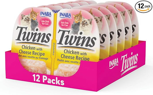 INABA Twins for Cats, Side Dish/Topper Cups, 1.23 Ounces per Serving, 12 Servings, Chicken with Cheese Recipe