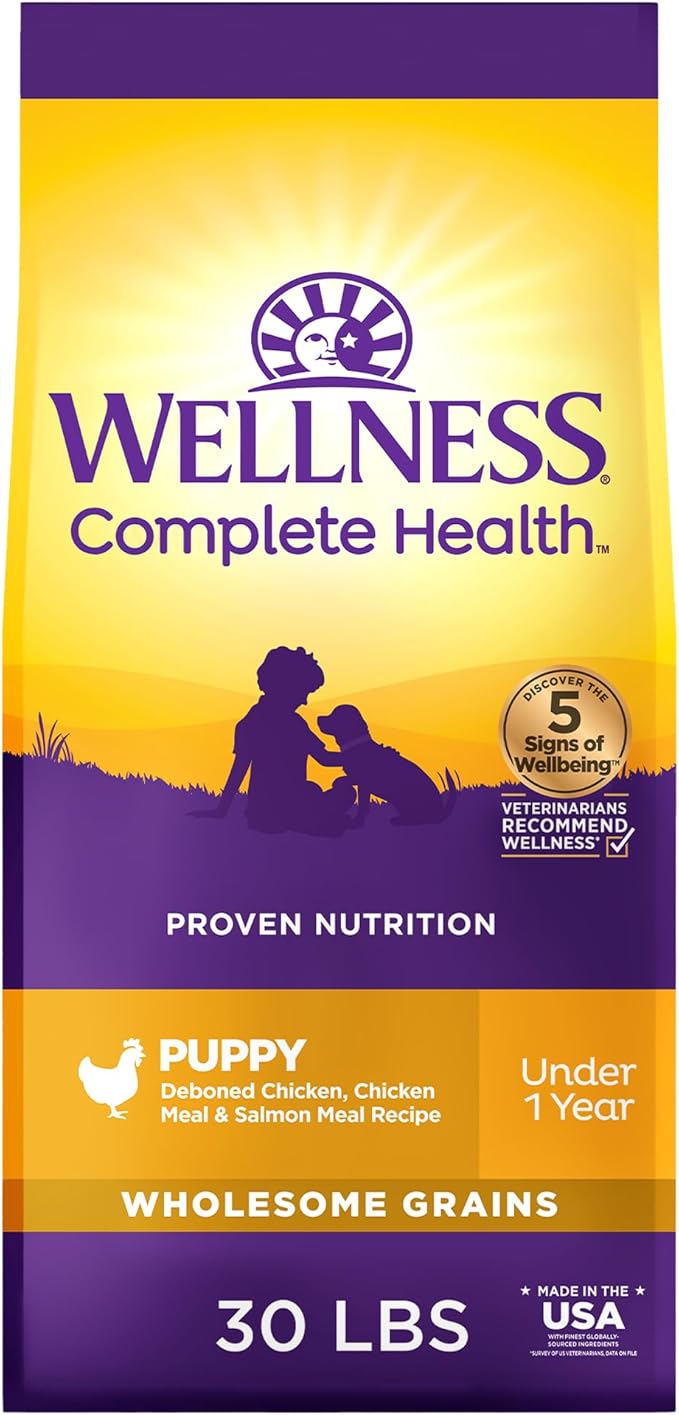 Wellness Complete Health Puppy Dry Dog Food, Wholesome Grain Kibble, Natural, Chicken, Oatmeal, and Salmon Recipe, 30 lb Bag