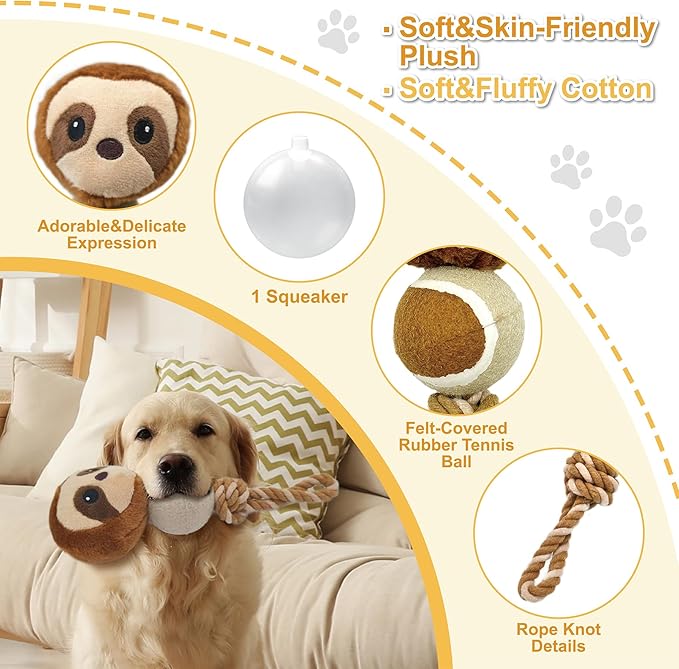 Sloth Plush Squeaky Dog Toy with Tennis Ball and Rope Puppy Teething Chew Toy Cute Fun Durable Multi-Functional Interactive Tug of War Dog Toy for Small Medium Large Dogs Toy Gift 26cm/10.24in