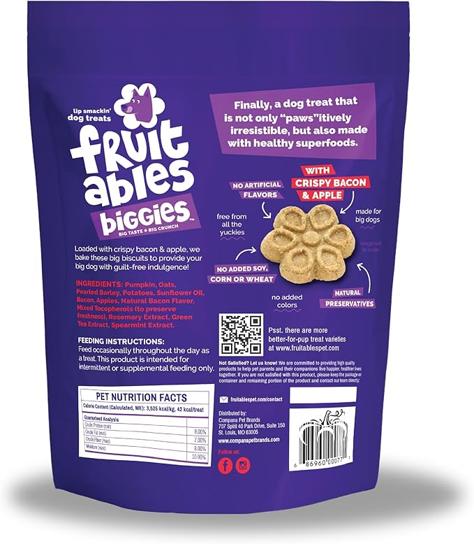 Fruitables Biggies Dog Biscuits, Healthy Treats for Dogs, Pumpkin Doggie Biscuits, Crunchy Treats, Made Without Wheat, Corn and Soy, Made in the USA, Crispy Apple and Bacon Flavor, 16oz