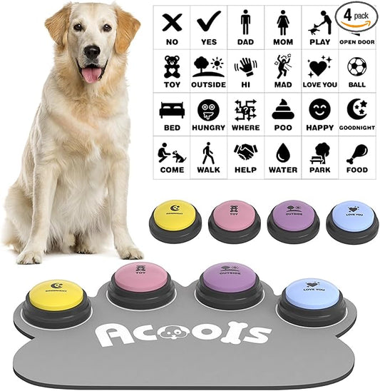 4 Pcs Dog Talking Button Set, Dog Buttons for Communication, 30s Recordable Voice Pet Buzzer Training Buttons, Speaking Button for Dogs with Anti-Slip Dog Buttons Talk Mat and 24 Scene Stickers