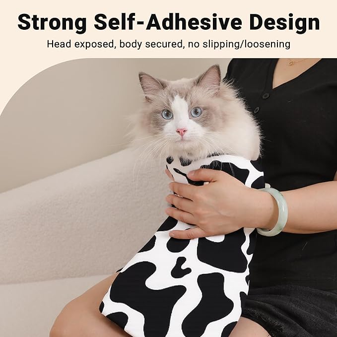 Purrfect Peace Cat Swaddle Wrap – Professional Calming Restraint Bag for Grooming, Nail Trimming & Medicine - Adjustable Cat Restraint for Grooming, Vet Visits (Cow Pattern, S)