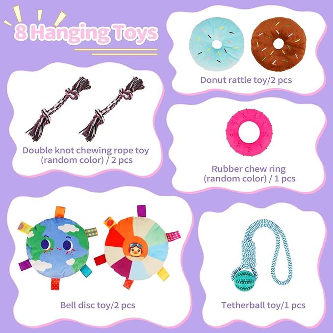 Liitrton Puppy Play Gym - Small Dogs Play Gym with 8 Hanging Toys, Indoor Puppy Jungle Gym with Interactive Dog Enrichment Toys, 19.5"x19.5"x19.5" PVC Frame (Purple)