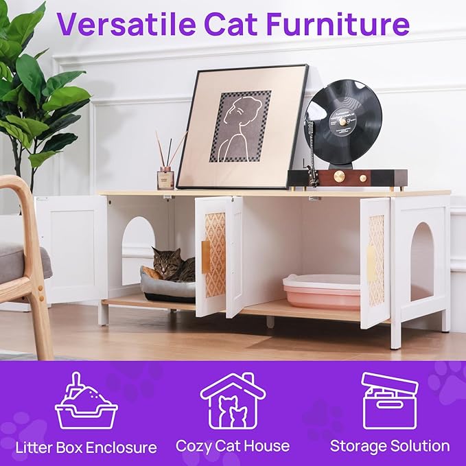 Large Boho Cat Litter Box Enclosure for 2 Cats, Hidden Cat Washroom Furniture with Rattan Doors, Dual Compartment Litter Cabinet & TV Stand, Modern Wooden Cat House (47.2”L x 19.6”W x 19.8”H)
