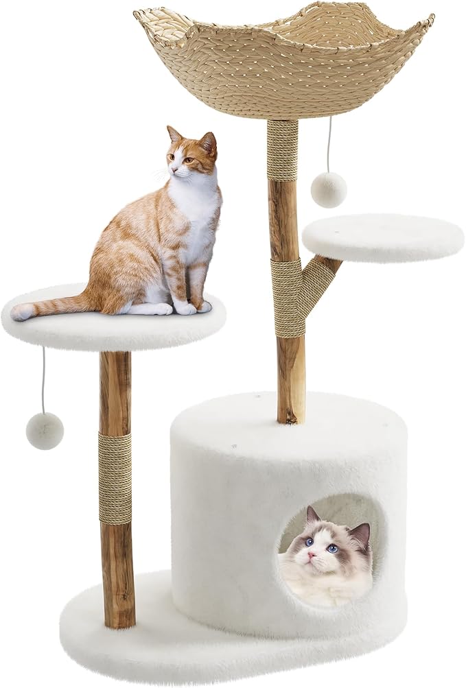 GarveeHome Real Wood Cat Tree, Modern Cat TreeReal Wood Modern Cat Tree Tower, Cat Scratching Post with Bed for Indoor Cats with Natural Wicker Condo, Aesthetic Tree Stand, Luxury Pet Furniture