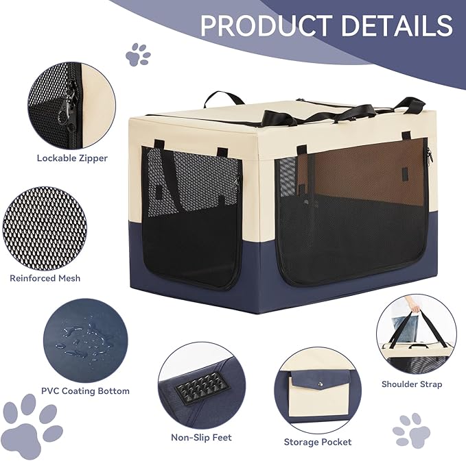 PETSFIT 36" Soft Portable Dog Crate – Patented Spiral Sturdy Frame, Collapsible Travel Kennel for Medium & Large Dogs, 3 Mesh Door, Lockable Zippers, Indoor & Car Use Navy Blue
