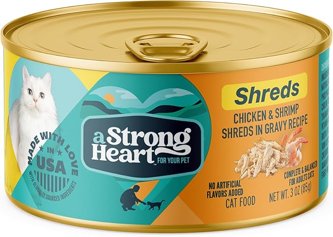 A Strong Heart Wet Cat Food, Chicken & Shrimp Shreds in Gravy, Made with Whole Muscle Chicken, Made in the USA, 3oz Can (Pack of 24)