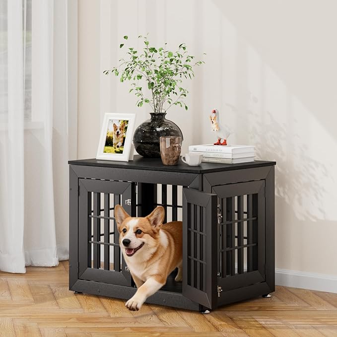 Snuowu 32" Heavy-Duty Dog Crate Furniture for Small/Medium Dogs, Rustic Wooden Dog Cage Kennel Indoor Furniture, Decorative Pet House End Table, Black