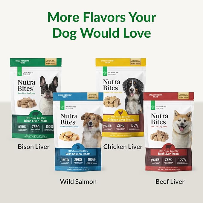 ULTIMATE PET NUTRITION Nutra Bites Freeze Dried Raw Single Ingredient Training Treats Food Topper for Dogs, 4 Ounces, Chicken Liver