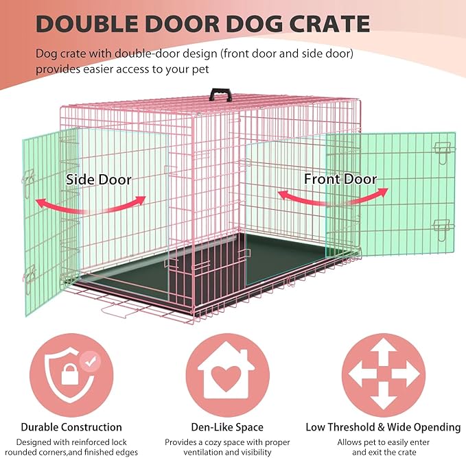 Extra Large Dog Crate - Portable Dog Cage for Small Dogs - Travel Dog Crate with Double-Door, Metal Wire Kennel & Plastic Tray (Pink, 24")