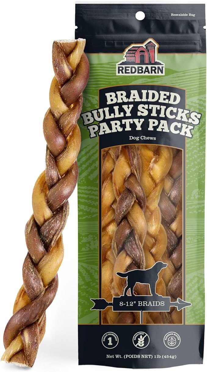 Redbarn Pet Products All Natural Braided Bully Sticks 8-12 in Long Lasting Dog Chews for Medium and Large Dogs Rawhide Free Single Ingredient Beef Pizzle 1 lb Bag