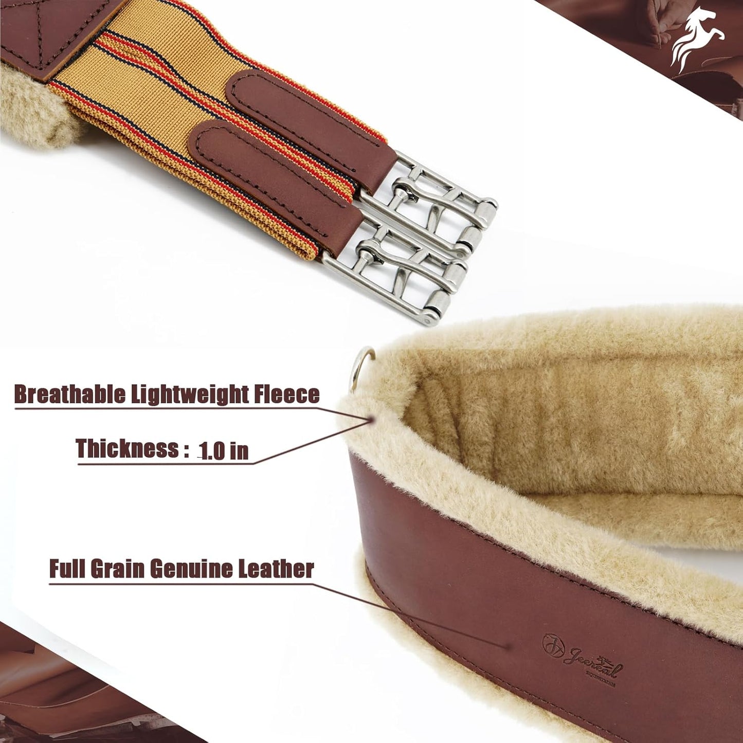 Jeereal Fleece English Girth | Breathable Horse Girth for English Saddle with Double Heavy Duty Elastic - Genuine Leather and High-Strength Webbing Stitched