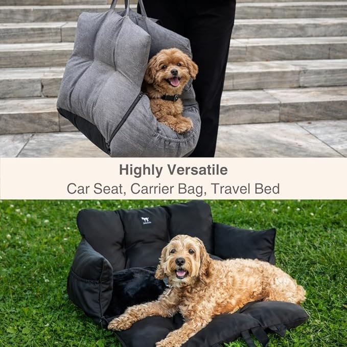 JACKO & CO Premium Dog Car Seat – Safe & Cozy Travel Bed Carrier for Small Dogs, Puppies, Pets, Clip-On Leash, Storage Pockets, Water-Resistant, Machine Wash (Grey, Removable - Medium (25-40lbs))