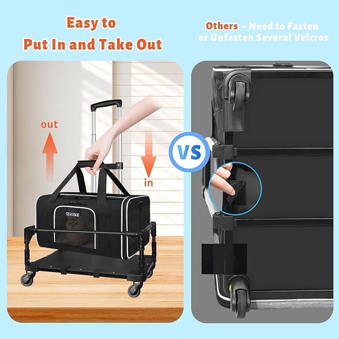 Petskd Small Pet Carrier with Wheels (17" L x 11" W x 9.5" H), Alaska Airlines Approved, Rolling Pet Carrier for Small Dogs & Cats (Black)