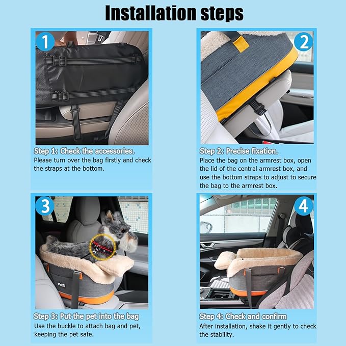 Pet Car Center Console Elevated Armrest Car Seat for Small Puppy, Dogs & Cats (Up to 10 lbs) – Dark Gray Washable Plush Carrier with Safety Leash, Fits Front Vehicle Console Space (Dark Grey)