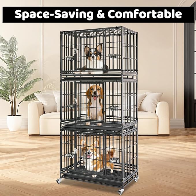 Homey Pet 3 Pack Three Tiers 37 Inch Dog Crate, Escape Proof Dog Cage Kennel Indoor with Top Access and Lockable Wheels, Removable Tray, Heavy Duty Dog Crates for Medium/Small Dogs