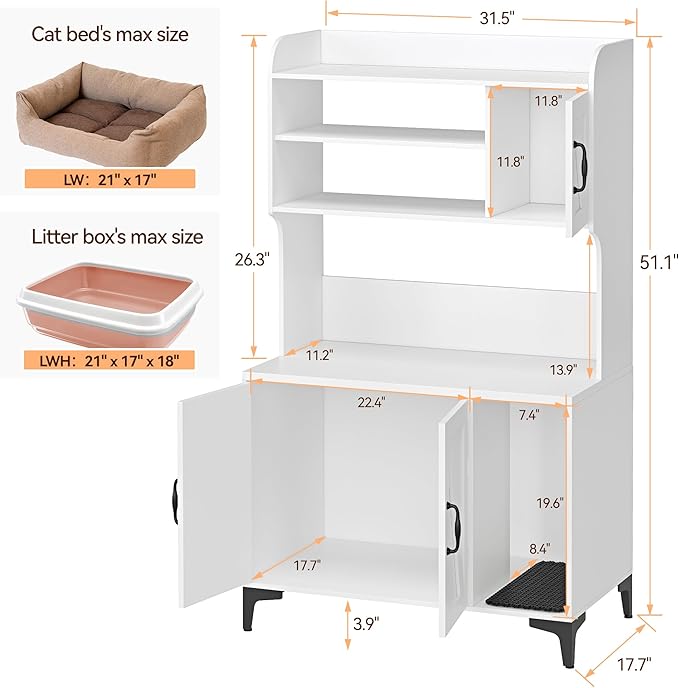 Garvee Cat Litter Box Enclosure with Shelves,Hidden Cat Box Furniture,Litter Box Cabinet with Scratching Mat,Wood Sturdy Cat Washroom Storage Indoor, White