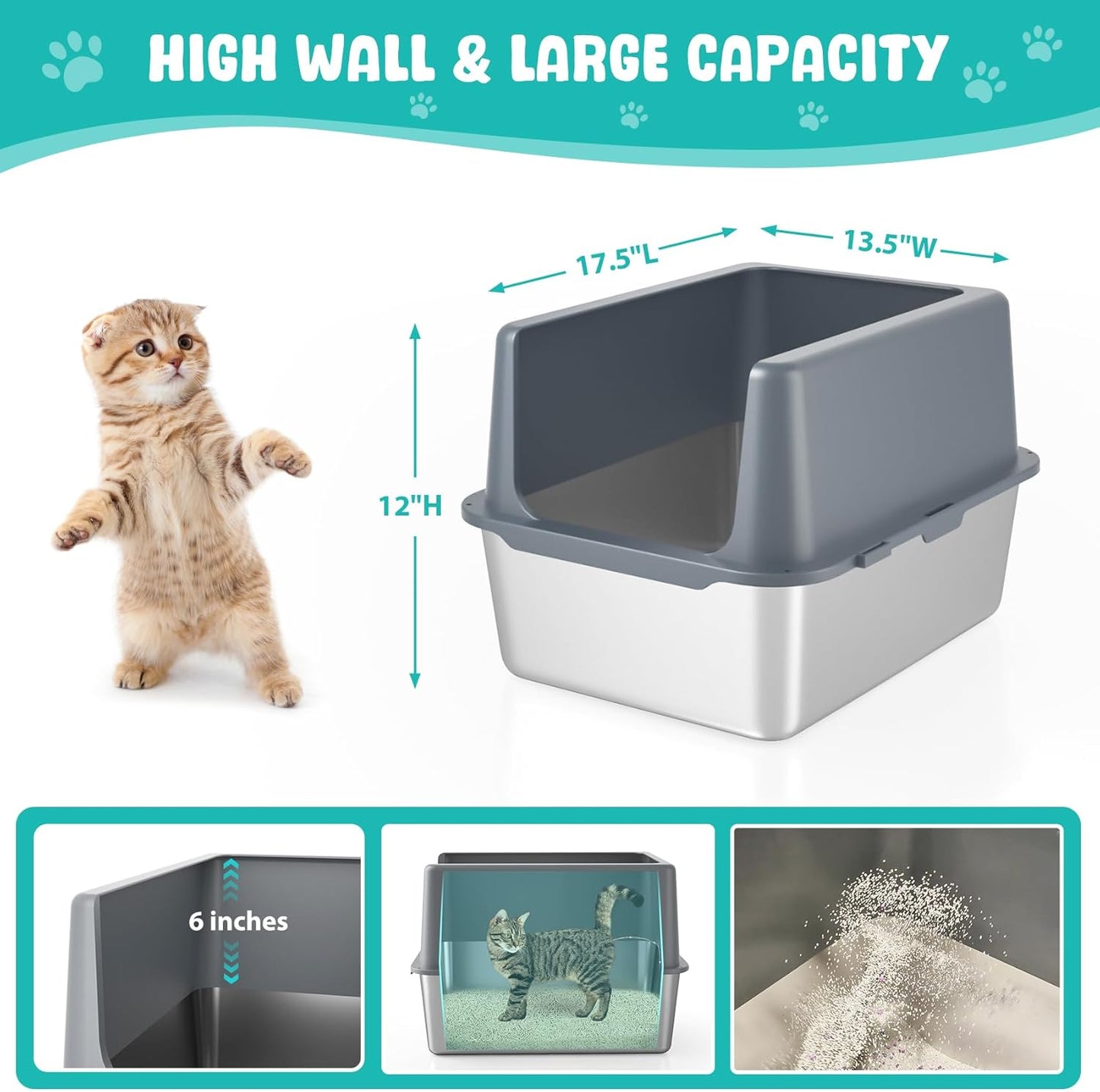 Litter Box with Lid, Stainless Steel Litter Box, 12" Metal Litter Pan High Sides, Small Litter Tray for Kittens, Cat Litter Tray Covered Grey, Easy Clean
