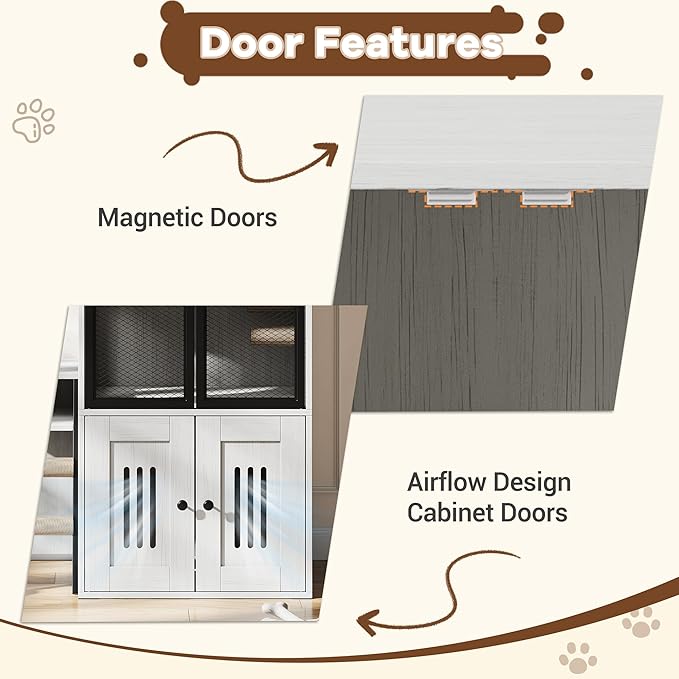 GarveeLife Cat Litter Box Enclosure with Doors, Double Cat House with Storage Space, Enclosed Litter Box Furniture with Ladder, Retro White