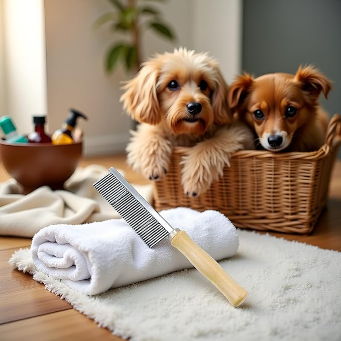 Dreamxue Pet Grooming Comb for Long Haired Cats & Dogs - Stainless Steel Pin Teeth Wooden Handle Fur Hair Brush - Removes & Prevents Matted Fur