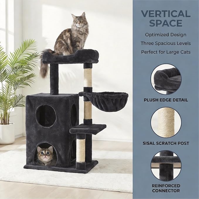 Fansafurn Cat Tree Tower for Indoor Cats, 36-inch Adult Cat Tree House for Large Adult Cats with Steps, Scratching Post, 2 Cat Condo, Dangling Toys, Dark Grey