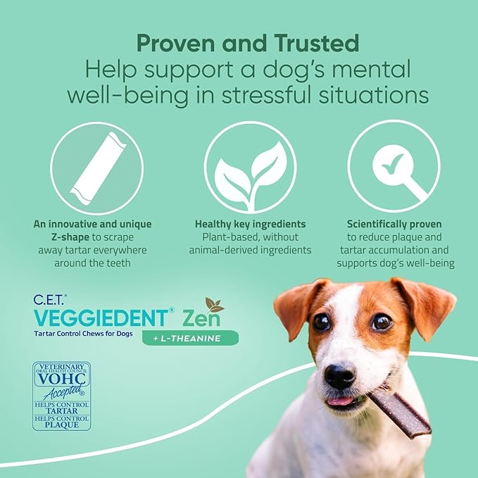 Virbac C.E.T.® VEGGIEDENT® Zen Tartar Control Chews for Dogs - Multifunctional to Support Mental Well-Being, VOHC Approved - Extra Small Under 11lbs